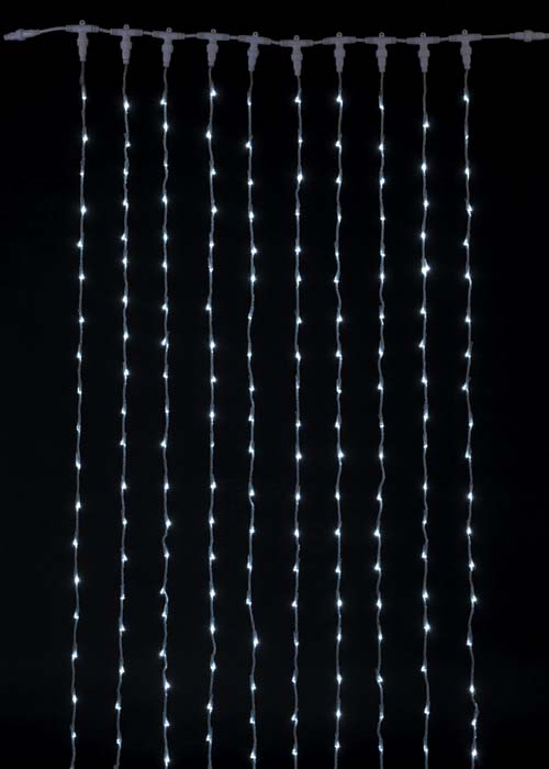 耐水1000球広角型LEDホワイトカーテンライト/クリアコード(常点灯/パワーコード、コネクター付き)